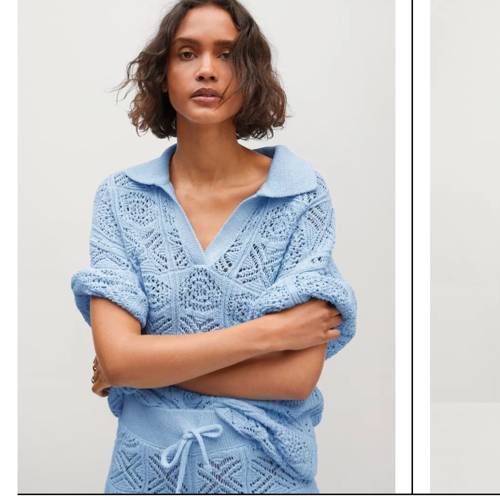 MANGO Oversize Crochet Short Sleeve Polo Sweater Light Blue